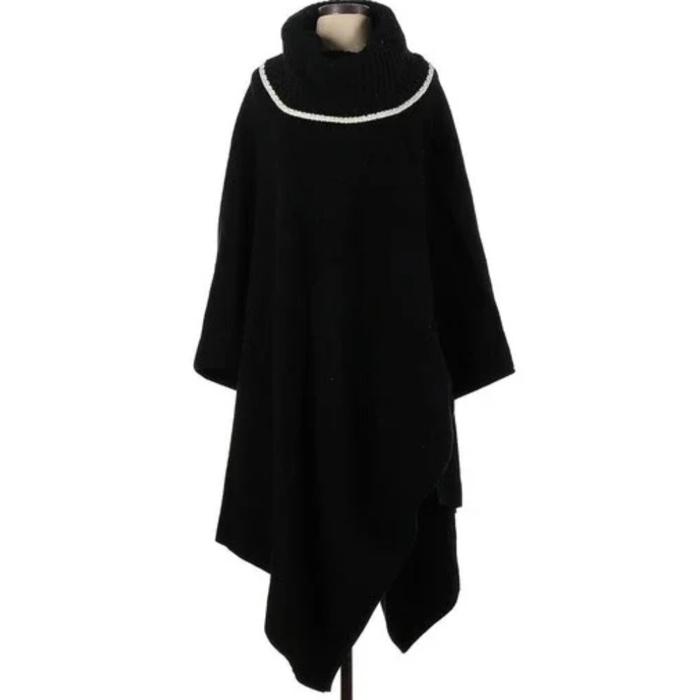 NWOT Zara Black Roll Neck Knit Poncho Cape With Contrasting Trims Sz S